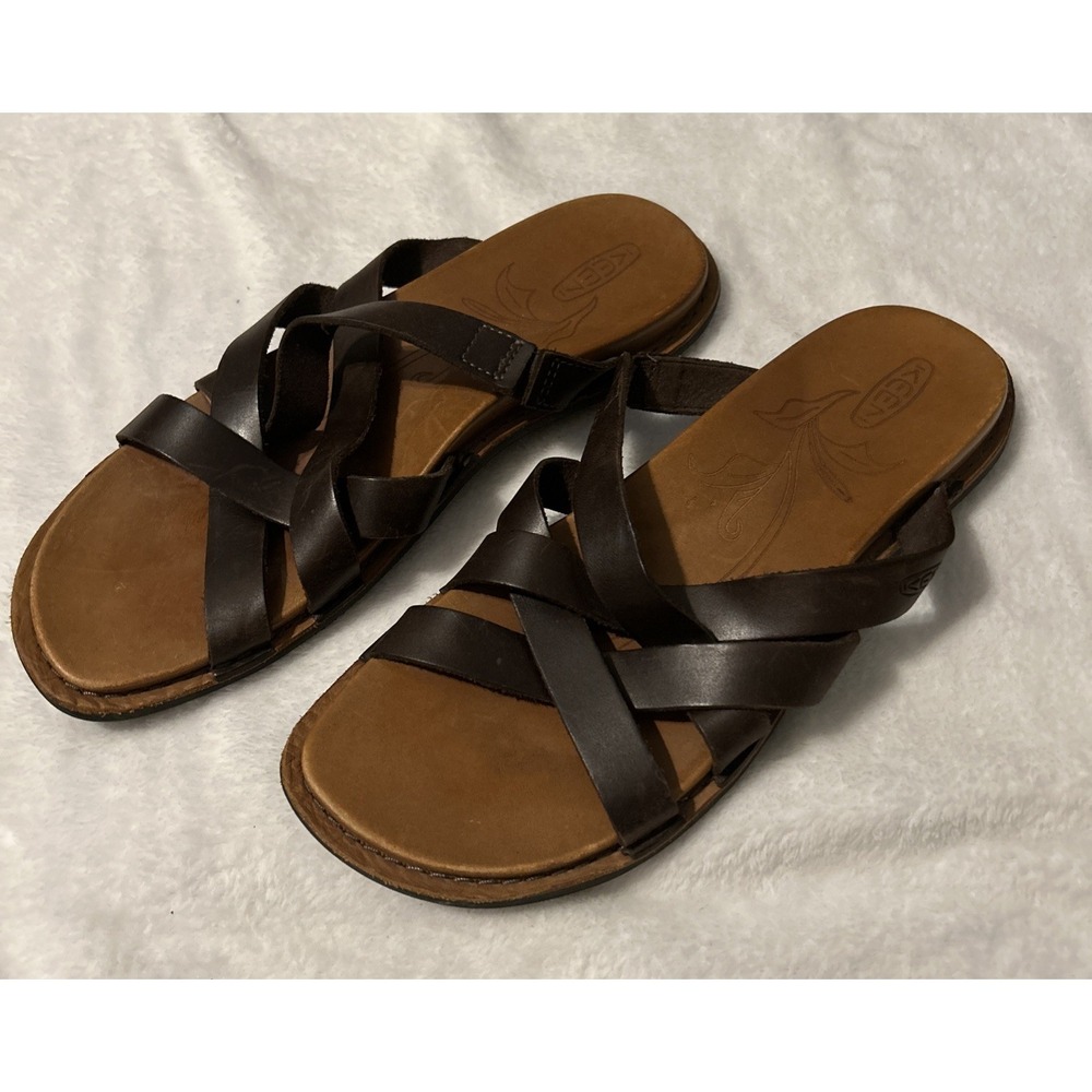 KEEN SANDALS "SOFIA" Dark Brown Leather‎ Criss Cross Slip On, Women's 9.5 W